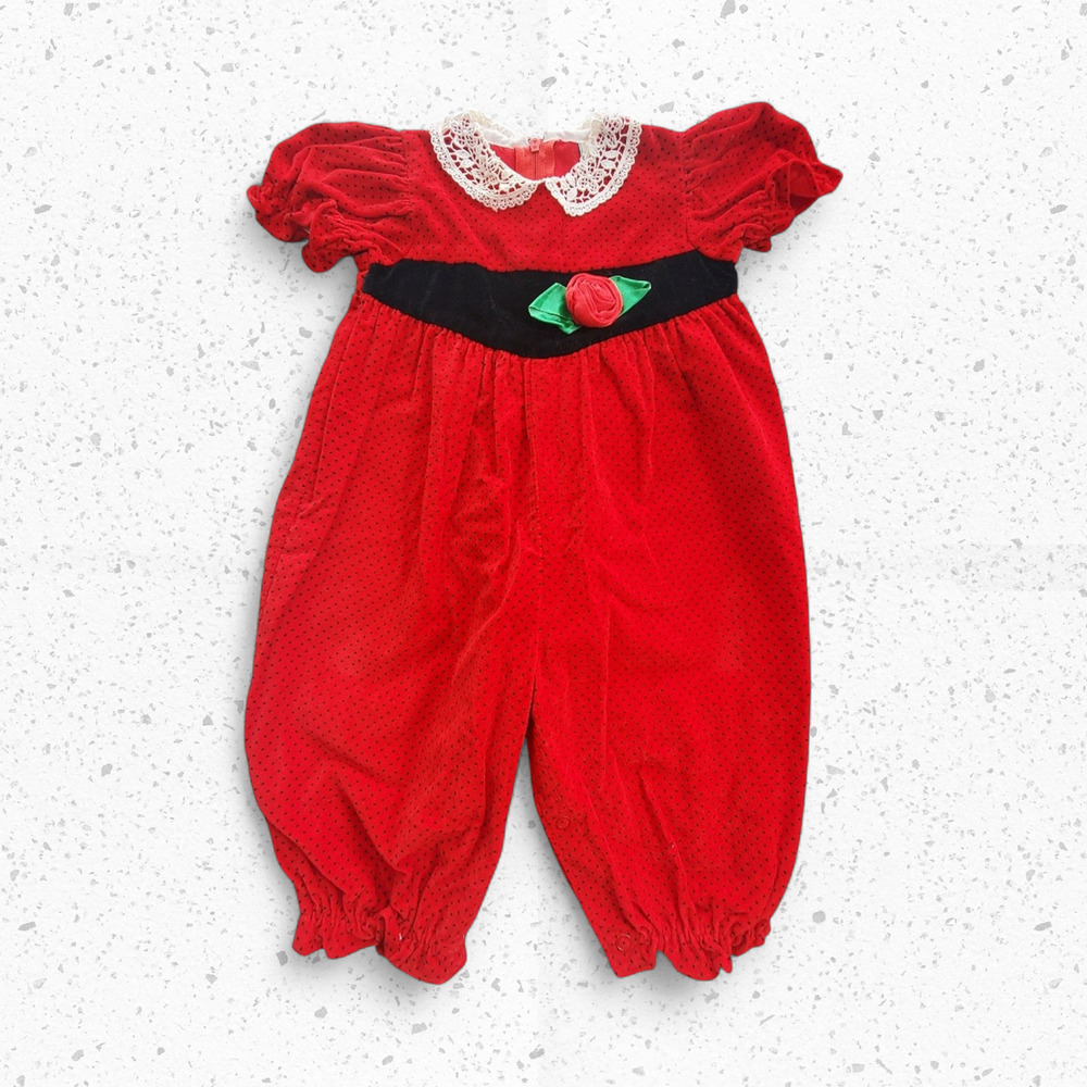 VTG 80s Red and Polkadot Velour Smocked Romper 6-9 Months